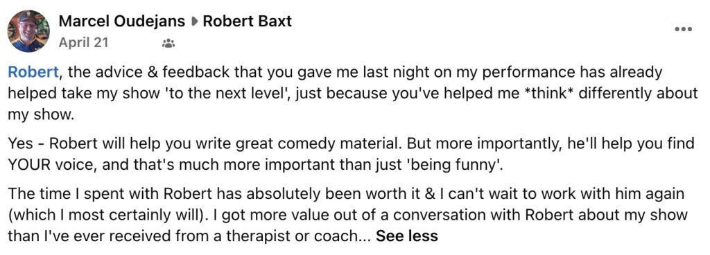 A magician compliments Robert on his excellent writing and coaching abilities